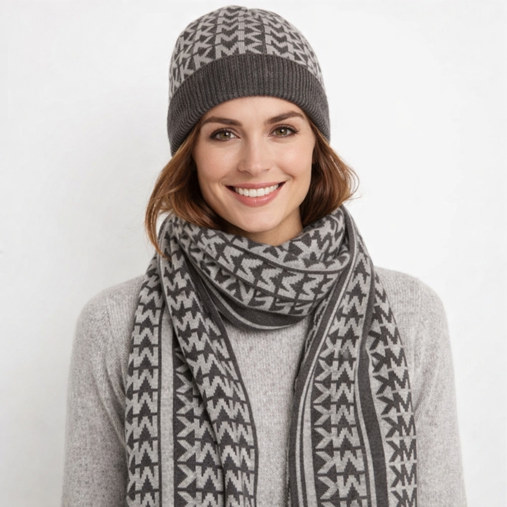 MICHAEL KORS DARK GRAY AND SILVER METALLIC SCARF BEANIE HAT SIGNATURE LOGO